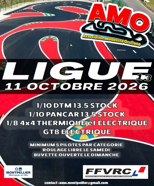 Affiche de la course de Ligue AMO Montpellier du 11 octobre 2026 : 1/10 DTM et Pancar 13.5 Stock, 1/8 4x4 thermique et électrique, GT8 électrique